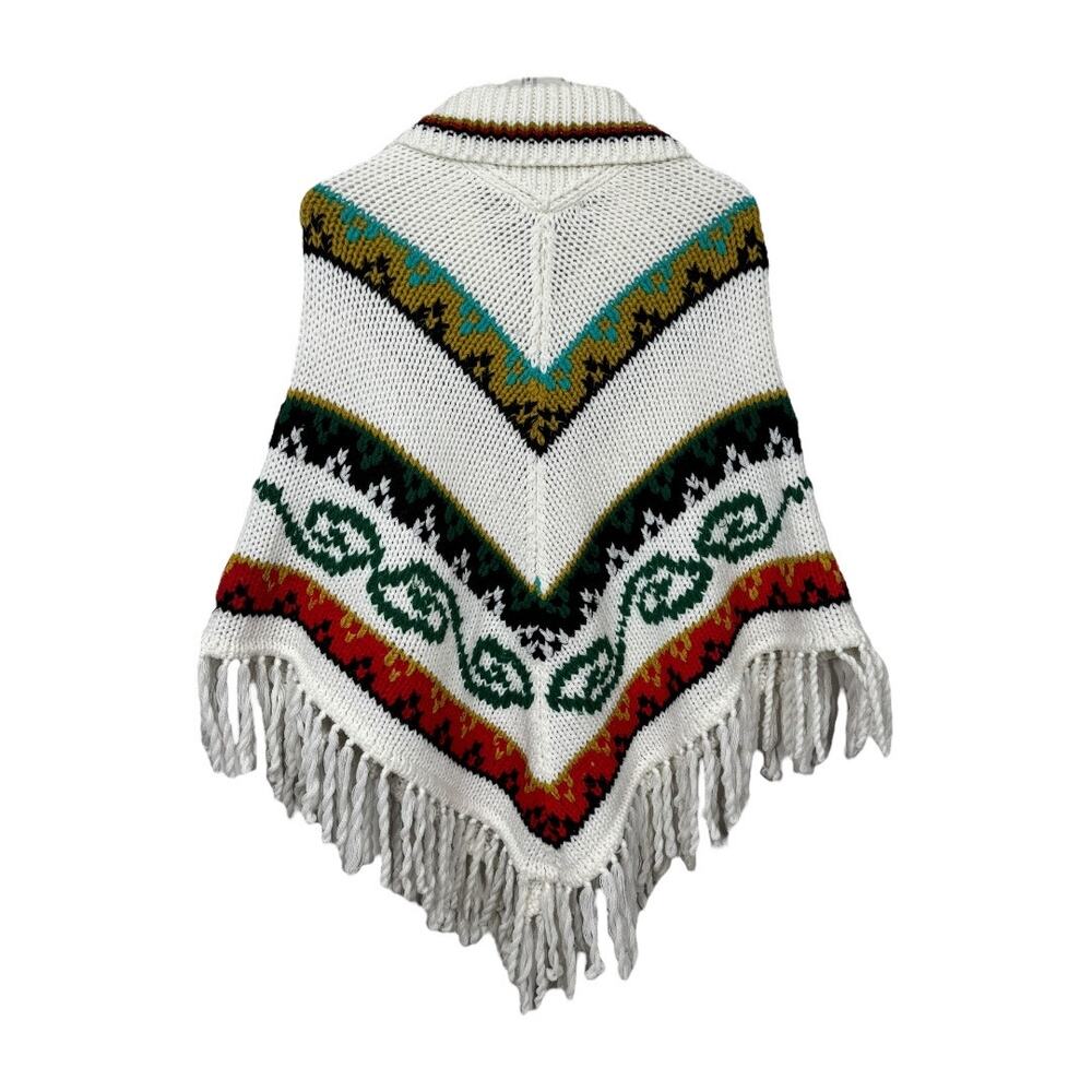 Vintage 1960s Hippie Knit Poncho Fringe Aztec Boho Festival Acrylic Pom Tassel - Picture 3 of 6